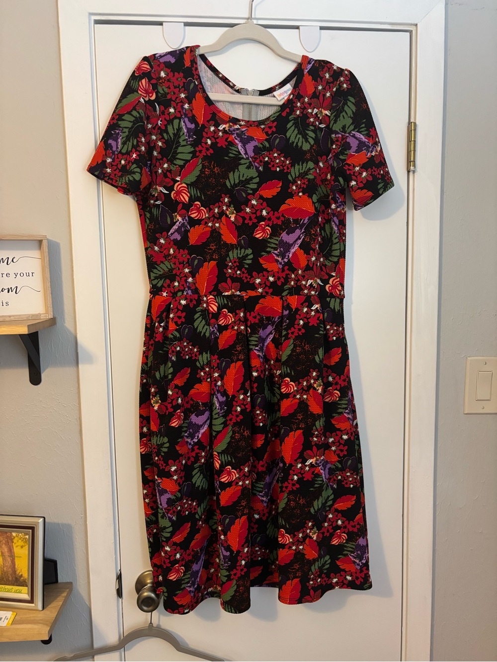 LuLaRoe Black Dress with Red, Purple and Green Floral Print